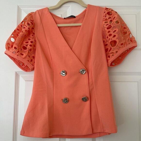 Coral knit sleeves top Shirt Blouse - Picture 4 of 13